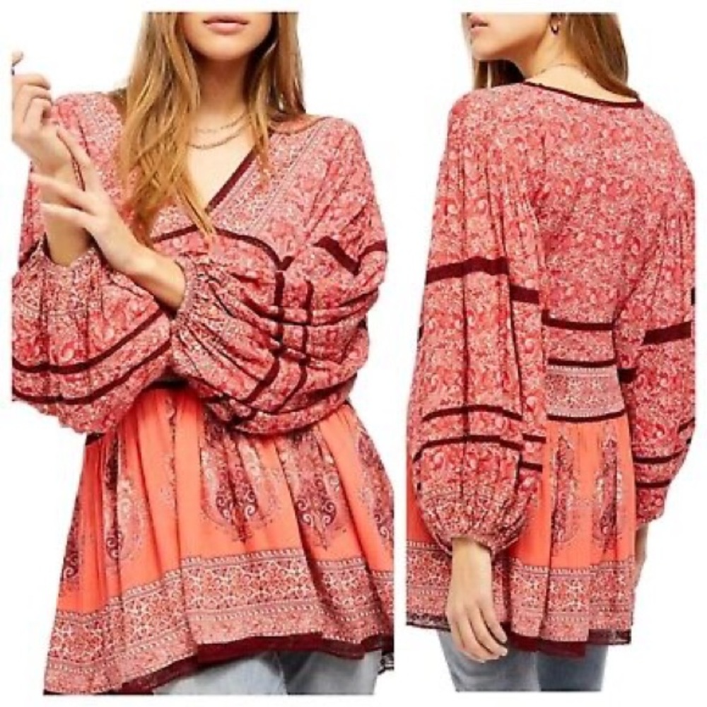 Free People Luna Scarf Print Tunic Blouse Top Red Size Small NWT Boho